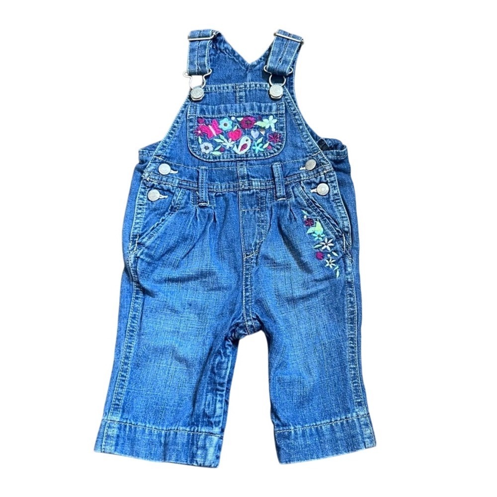 BabyGap Girls Blue Denim Embroidered Floral Bird Overalls 3-6 Months